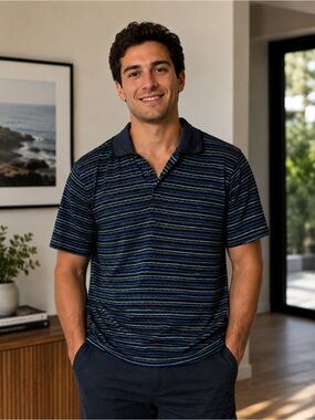 Vintage Jhane Barnes Men’s Polo Shirt Blue Stripe Short Sleeve Size Small